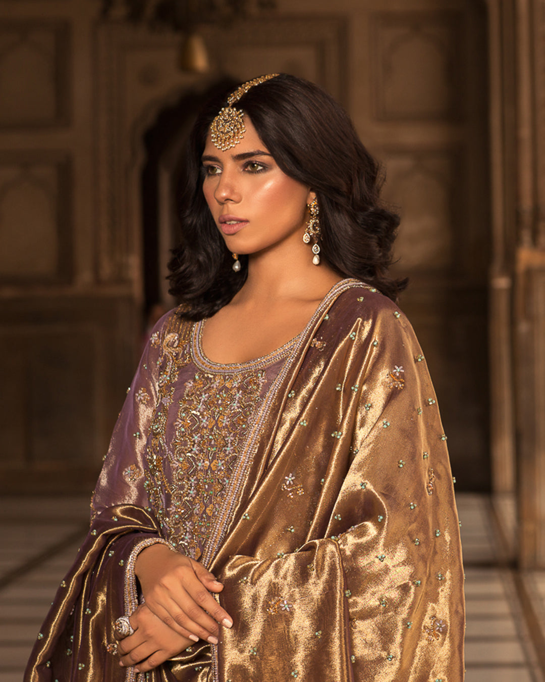 Antique Gold Embellished Tissue Salwar Kameez (3-Piece) - Image 2