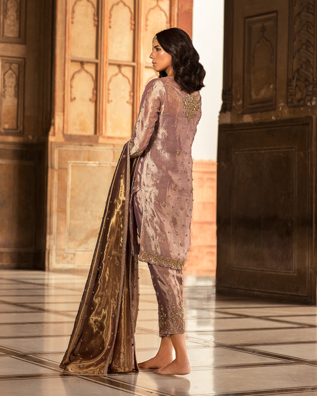 Antique Gold Embellished Tissue Salwar Kameez (3-Piece) - Image 3