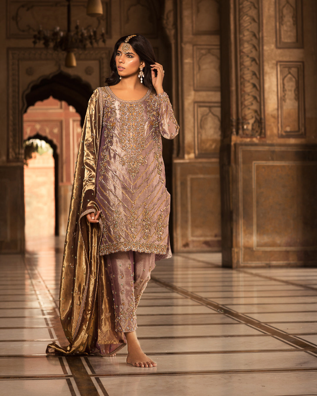 Antique Gold Embellished Tissue Salwar Kameez (3-Piece) - Image 4
