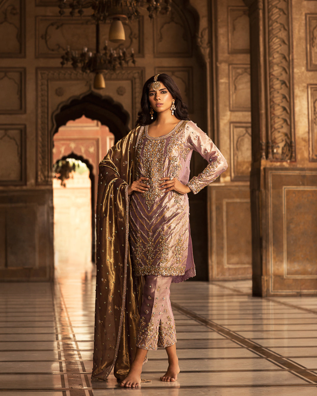 Antique Gold Embellished Tissue Salwar Kameez (3-Piece) - Image 5