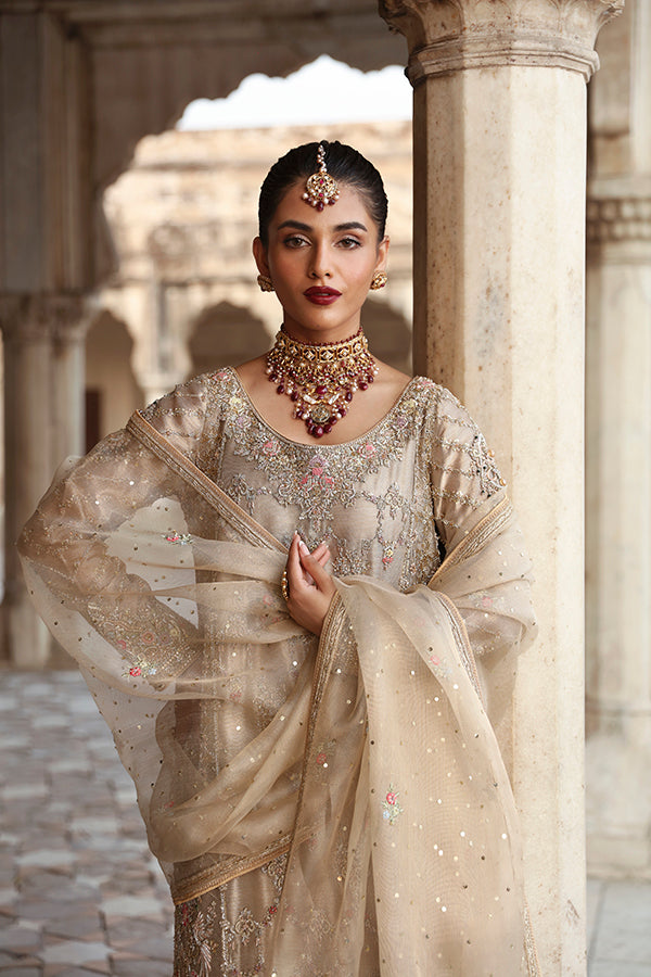 Pakistani Champagne Embroidered Tissue Salwar Kameez (3-Piece) - Image 1