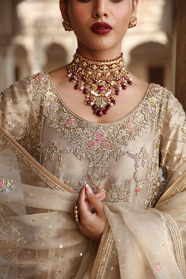 Pakistani Champagne Embroidered Tissue Salwar Kameez (3-Piece) - Image 6