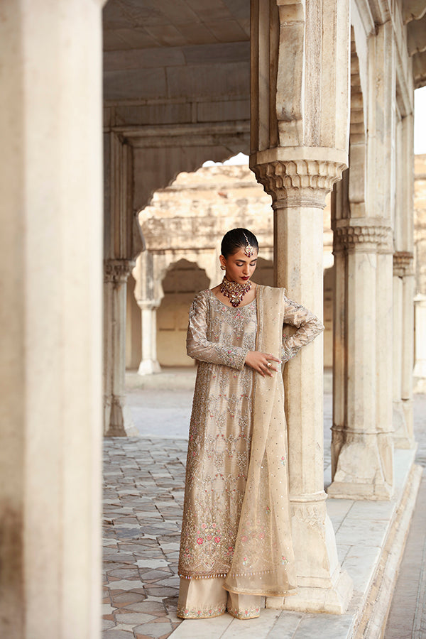 Pakistani Champagne Embroidered Tissue Salwar Kameez (3-Piece) - Image 8