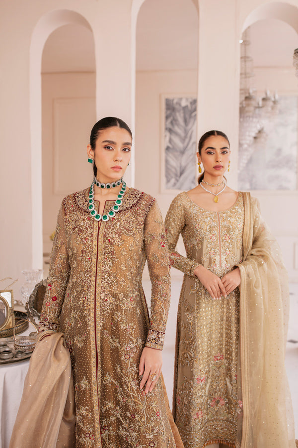 Antique Gold Embroidered Tissue Salwar Kameez (3-Piece) - Image 1