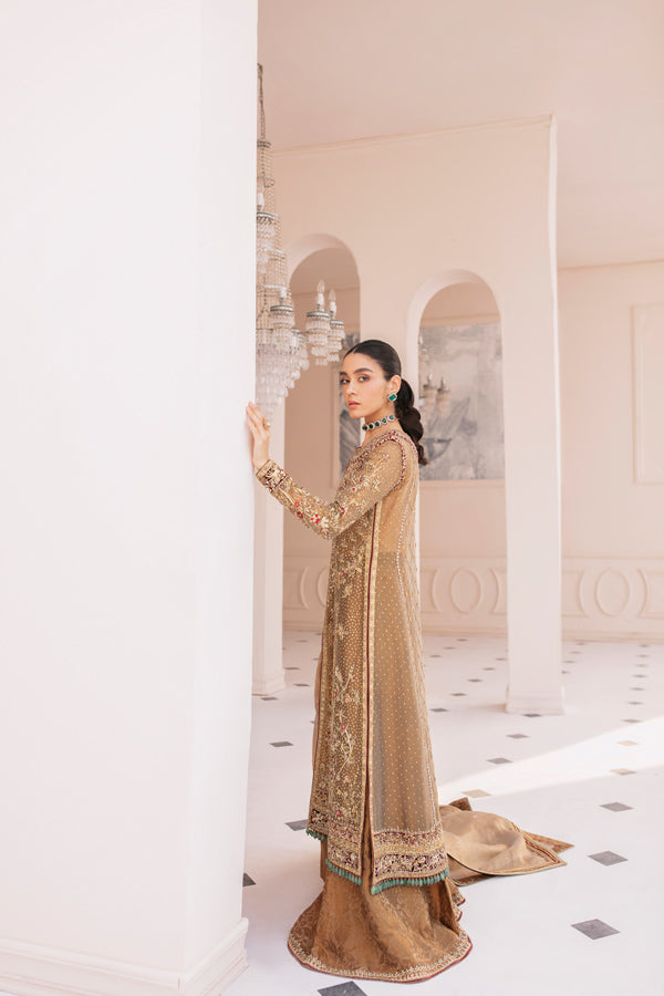 Antique Gold Embroidered Tissue Salwar Kameez (3-Piece) - Image 3