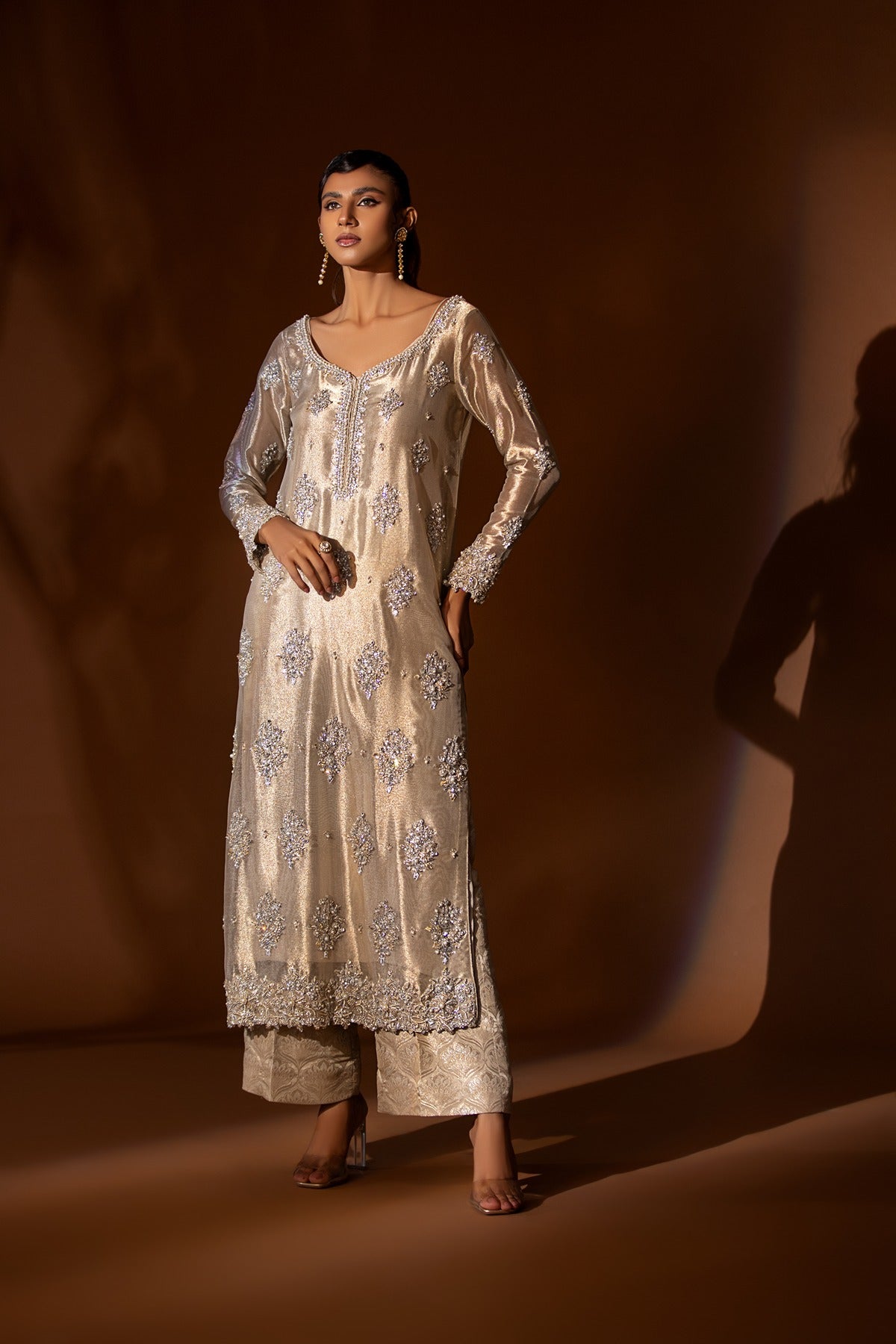 Pakistani Rose Gold Embellished Tissue & Jamawar Salwar Kameez (3-Piece) - Image 1
