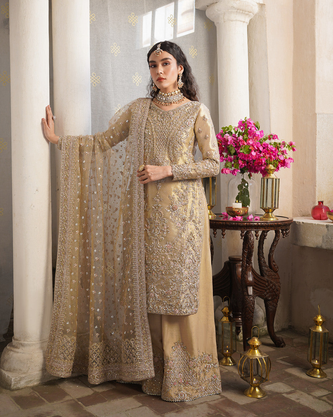 Pakistani Dull Gold Embroidered Tissue Salwar Kameez (3-Piece) - Image 1