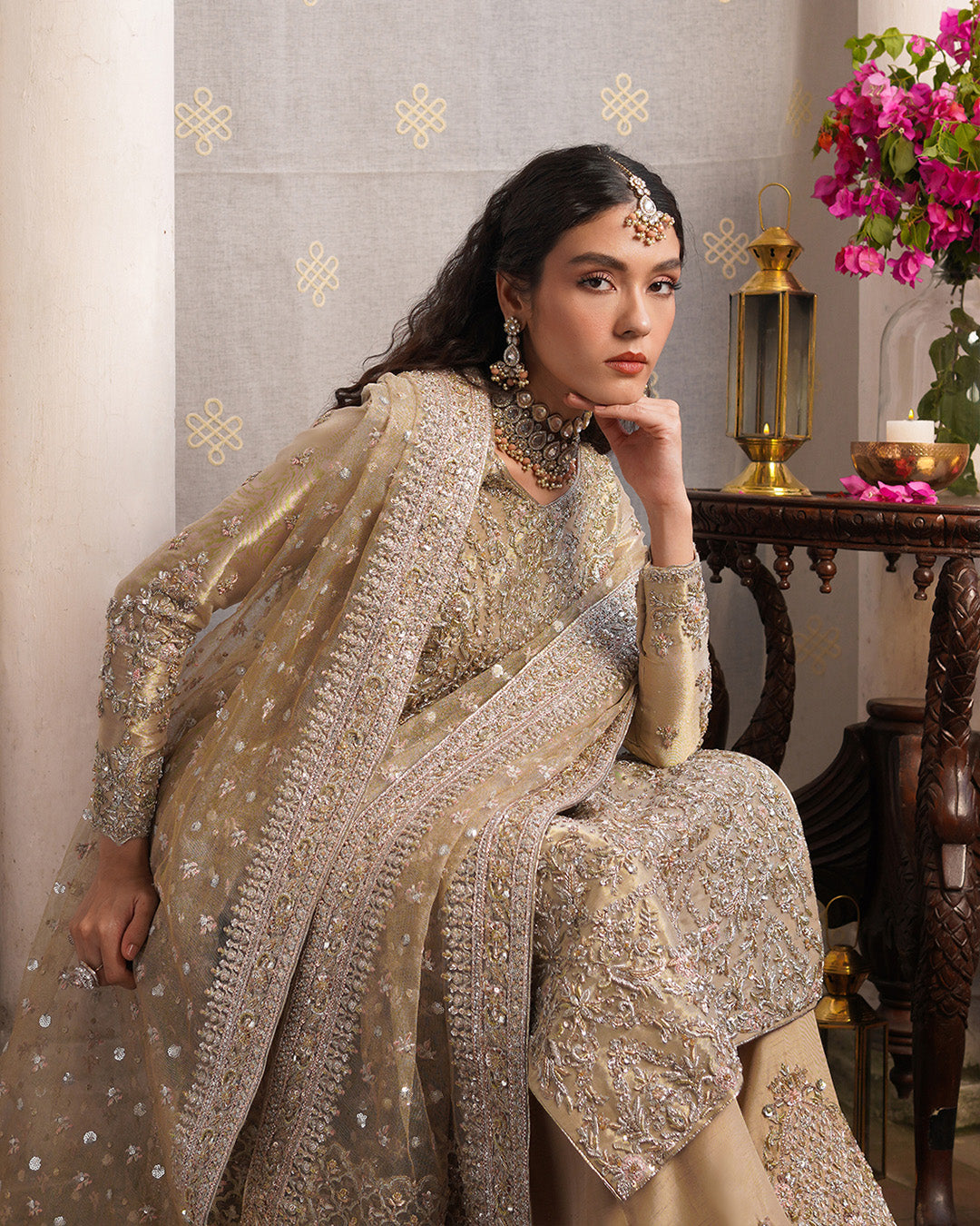 Pakistani Dull Gold Embroidered Tissue Salwar Kameez (3-Piece) - Image 2