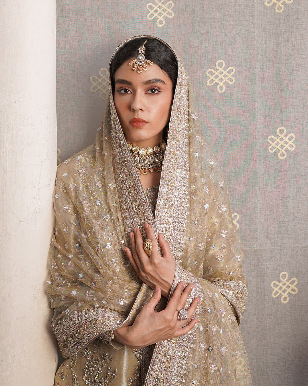 Pakistani Dull Gold Embroidered Tissue Salwar Kameez (3-Piece) - Image 4