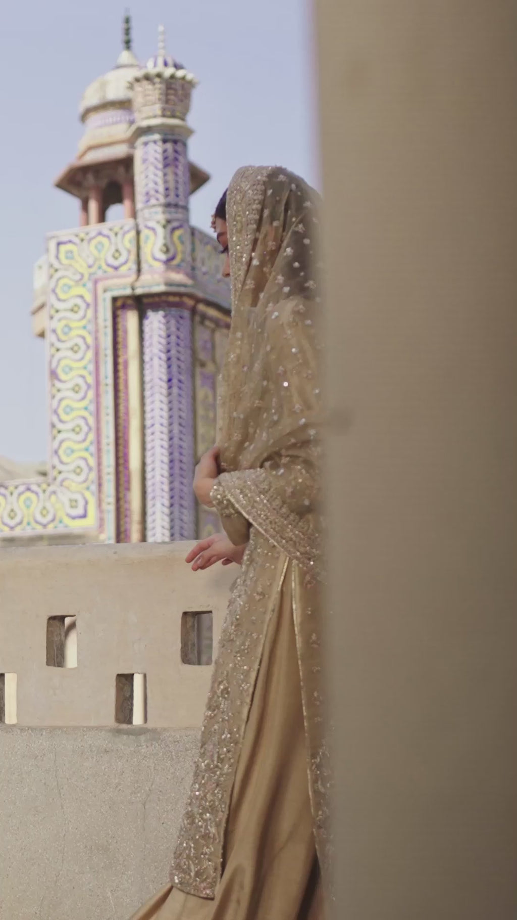 Pakistani Dull Gold Embroidered Tissue Salwar Kameez (3-Piece) - Image 7