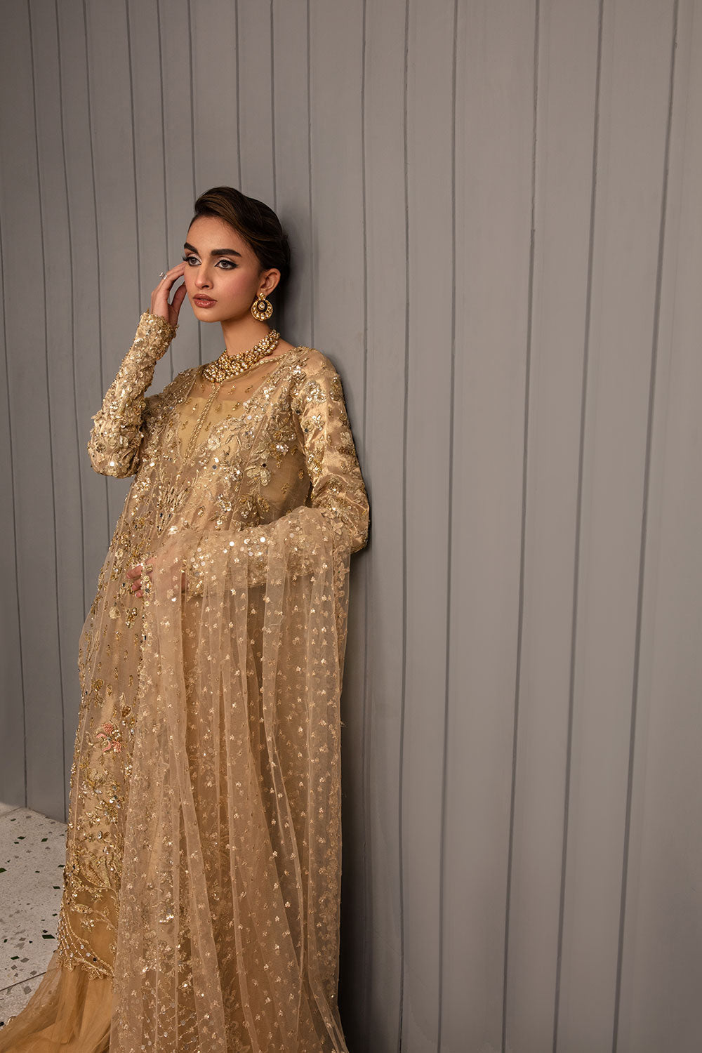 Gold Hand-Embellished Tissue Salwar Kameez (3-Piece) - Image 4