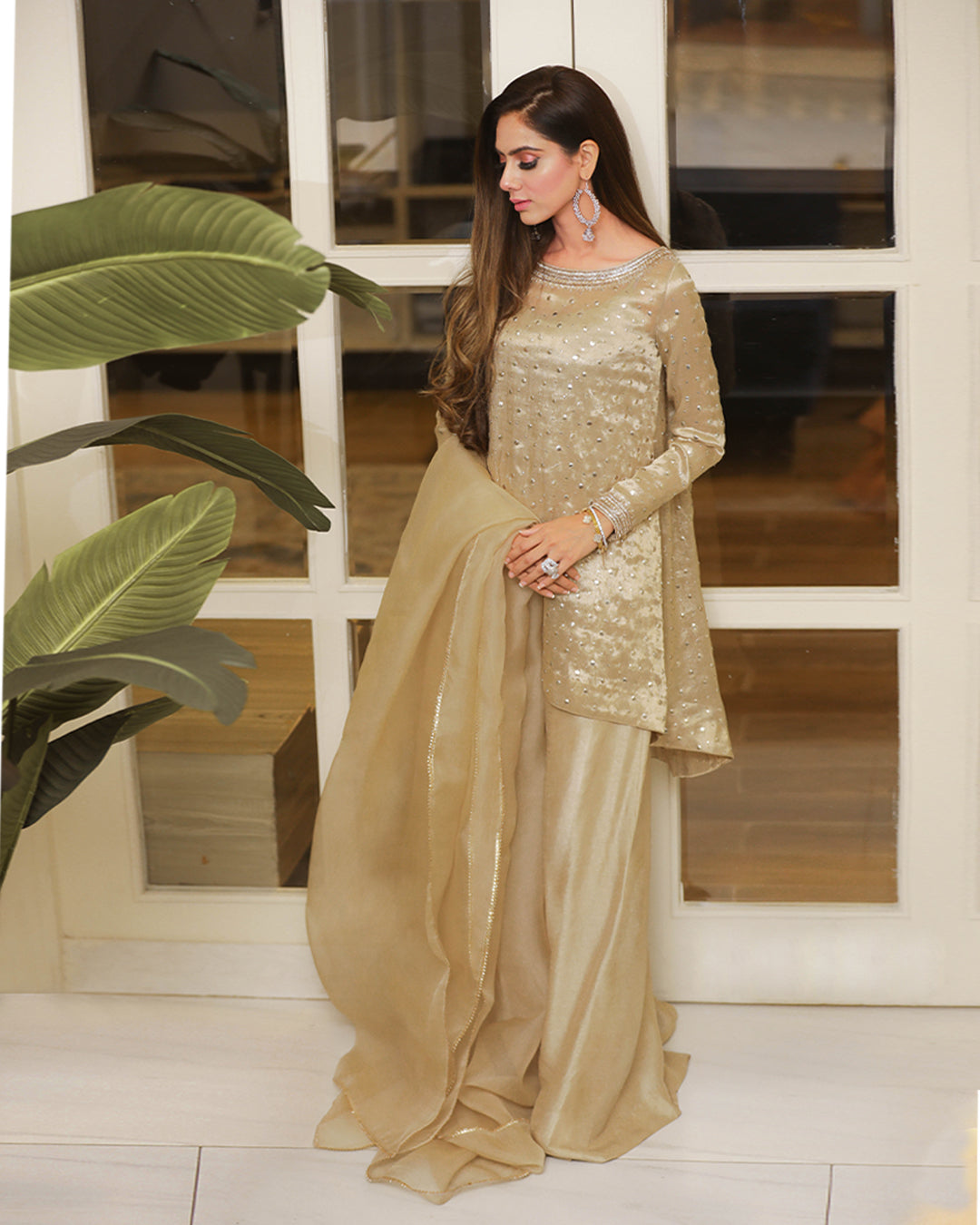 Gold Mukesh Tissue High-Low Top with Flared Pants (3-Piece) - Image 1