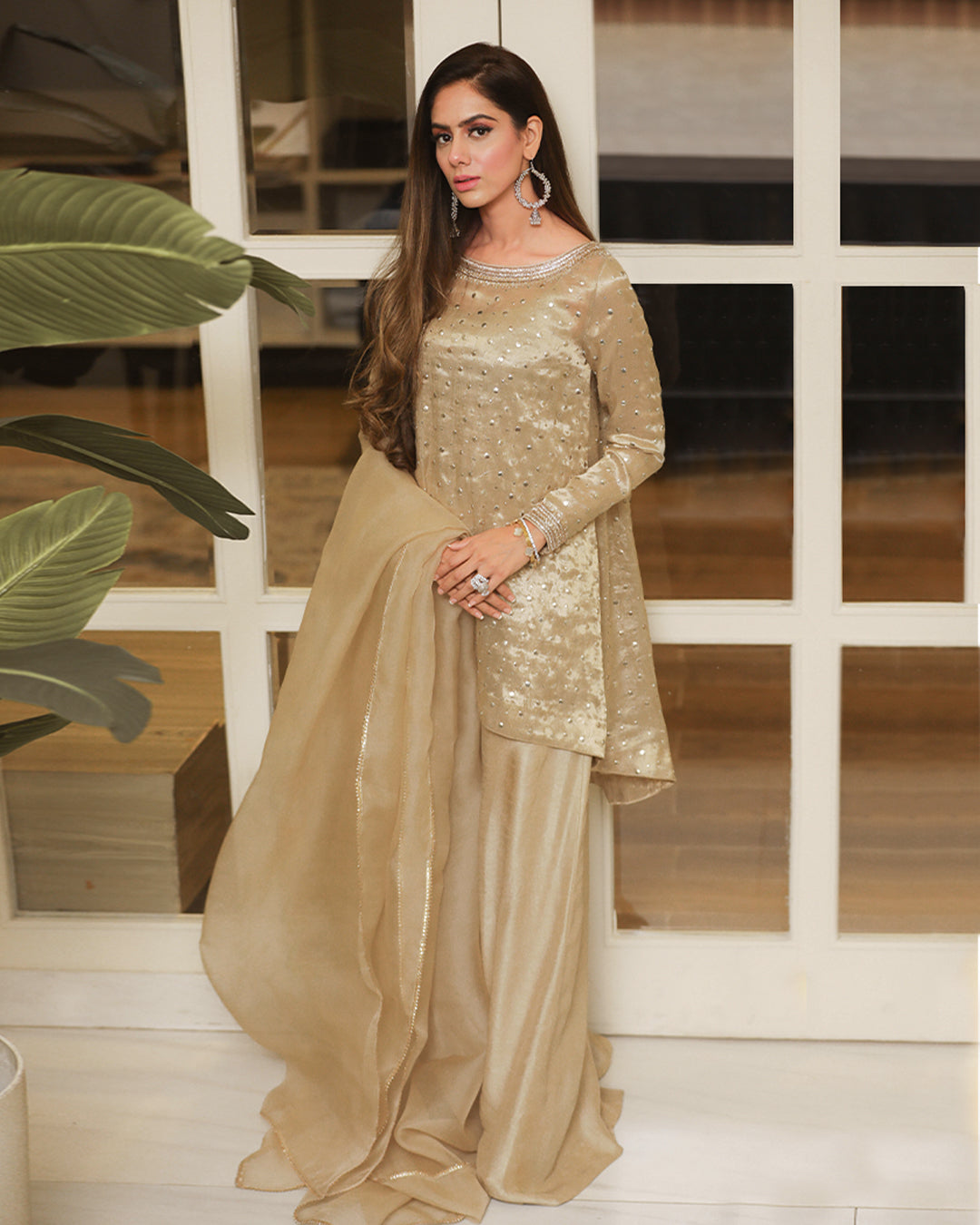 Gold Mukesh Tissue High-Low Top with Flared Pants (3-Piece) - Image 3