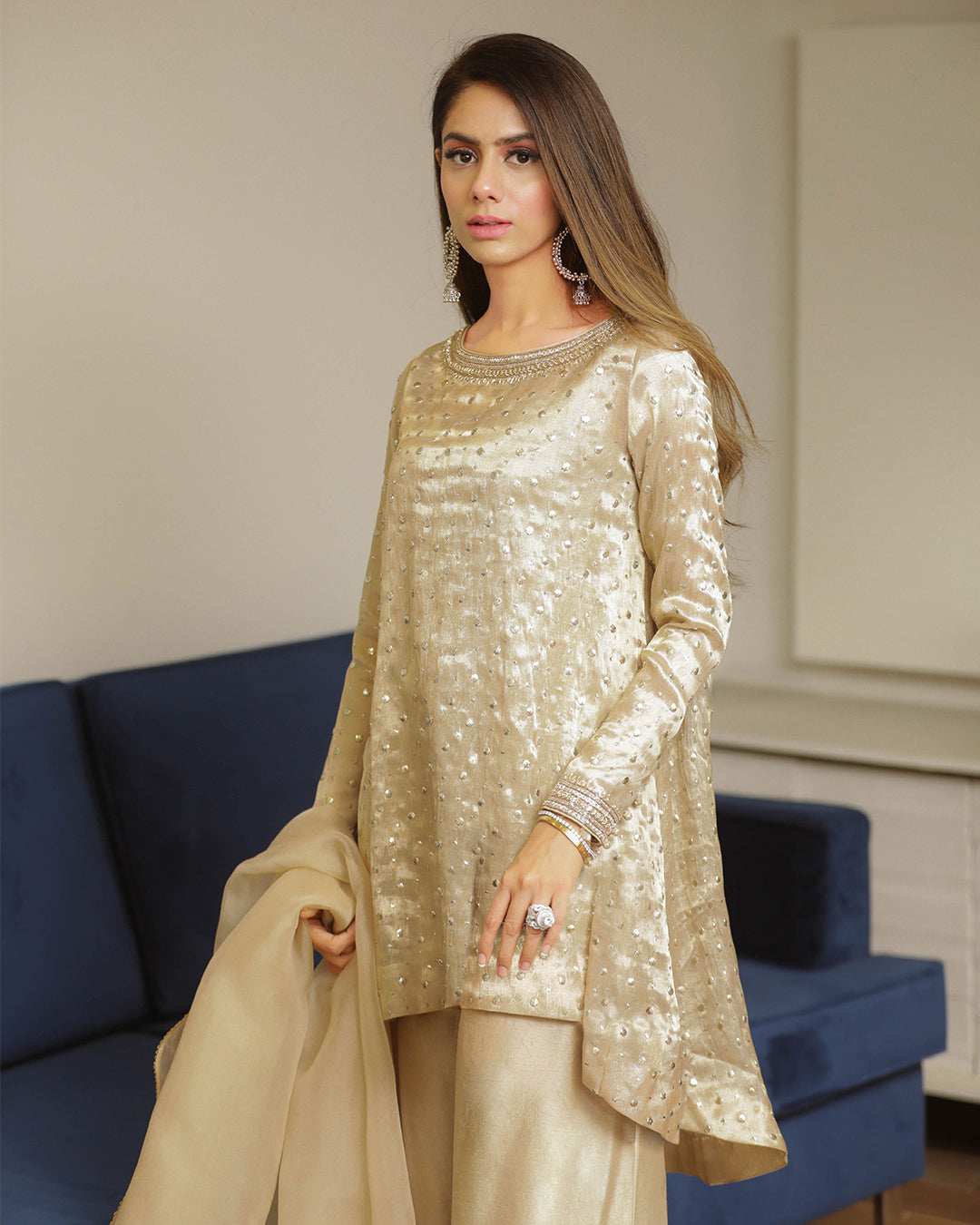 Gold Mukesh Tissue High-Low Top with Flared Pants (3-Piece) - Image 4