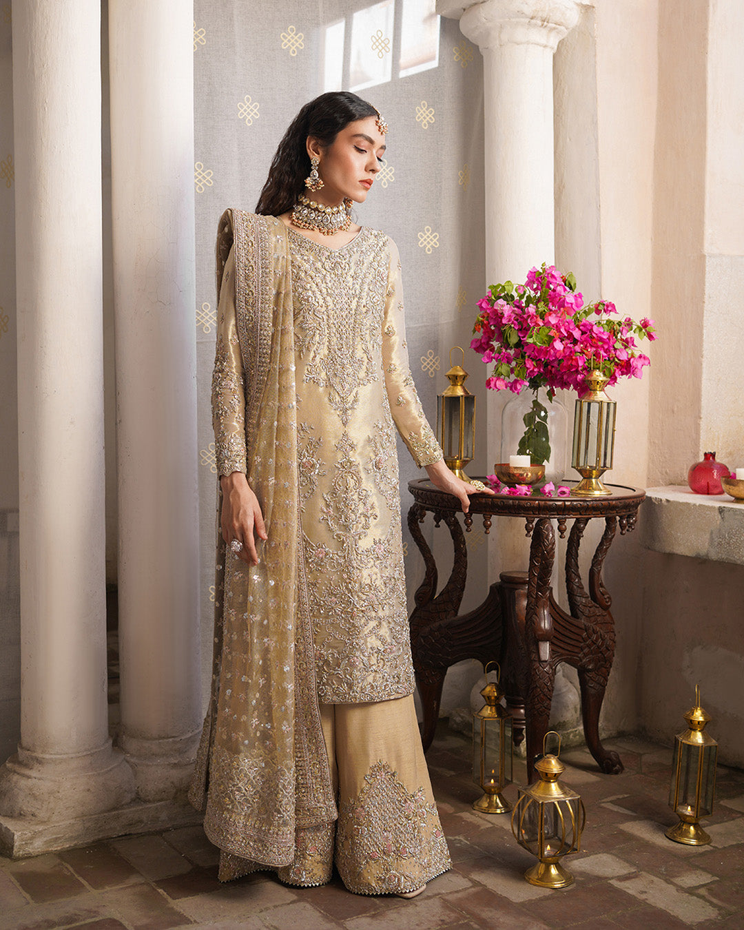 Pakistani Dull Gold Naqshi Kora Tissue Salwar Kameez (3-Piece) - Image 6