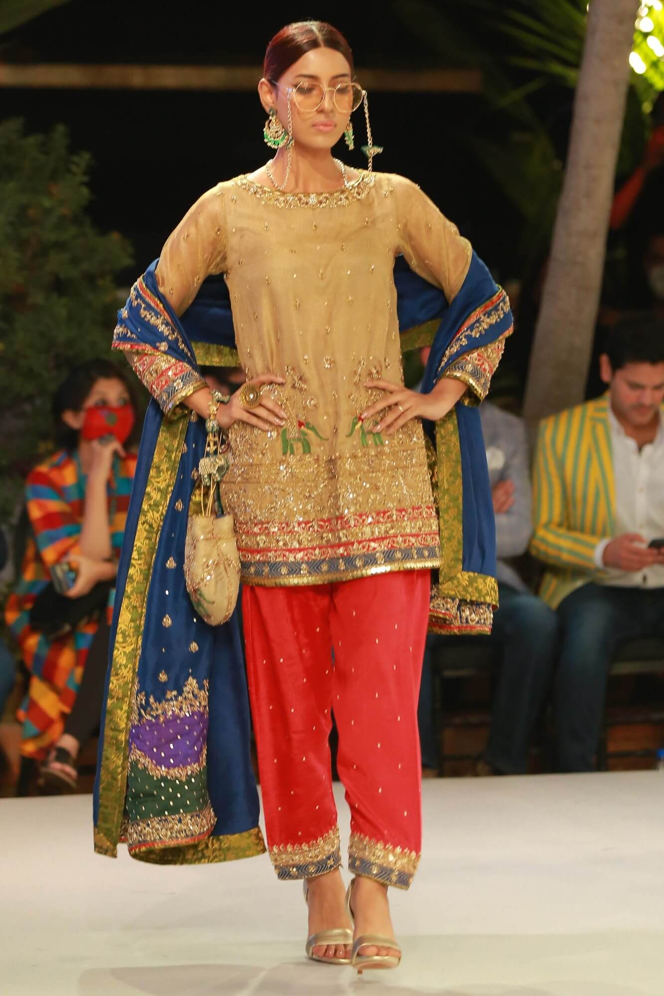 Gold Hand-Embroidered Tissue Net Salwar Kameez (3-Piece) - Image 2