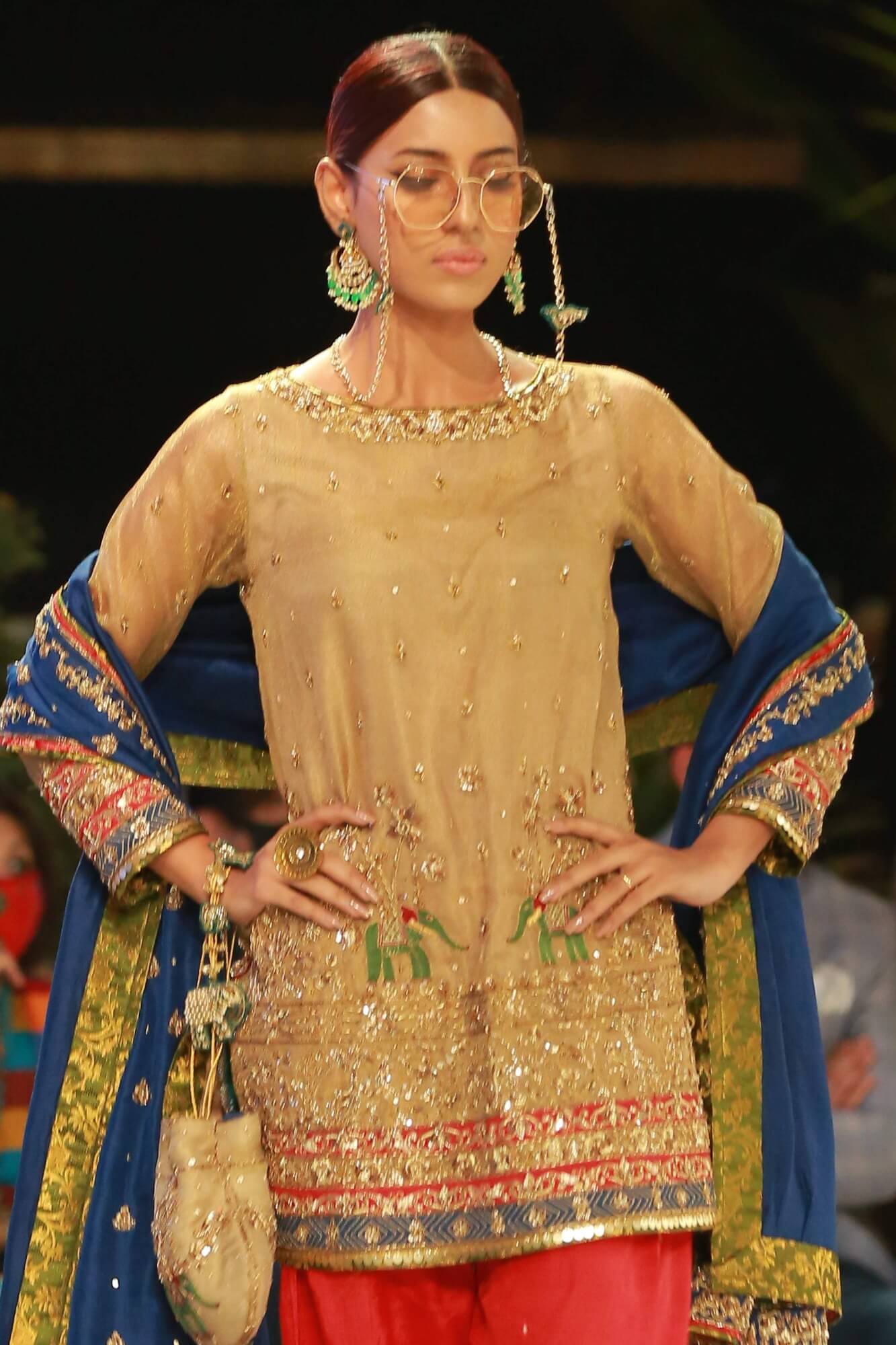 Gold Embroidered Tissue Net Salwar Kameez (3-Piece) - Image 1