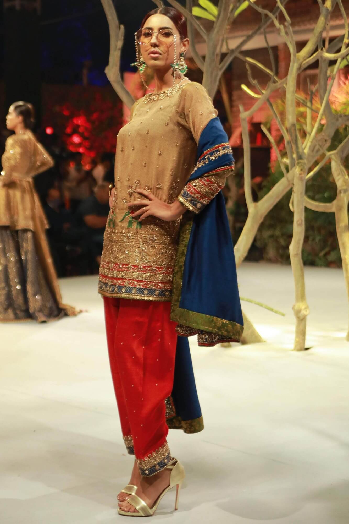 Gold Embroidered Tissue Net Salwar Kameez (3-Piece) - Image 4