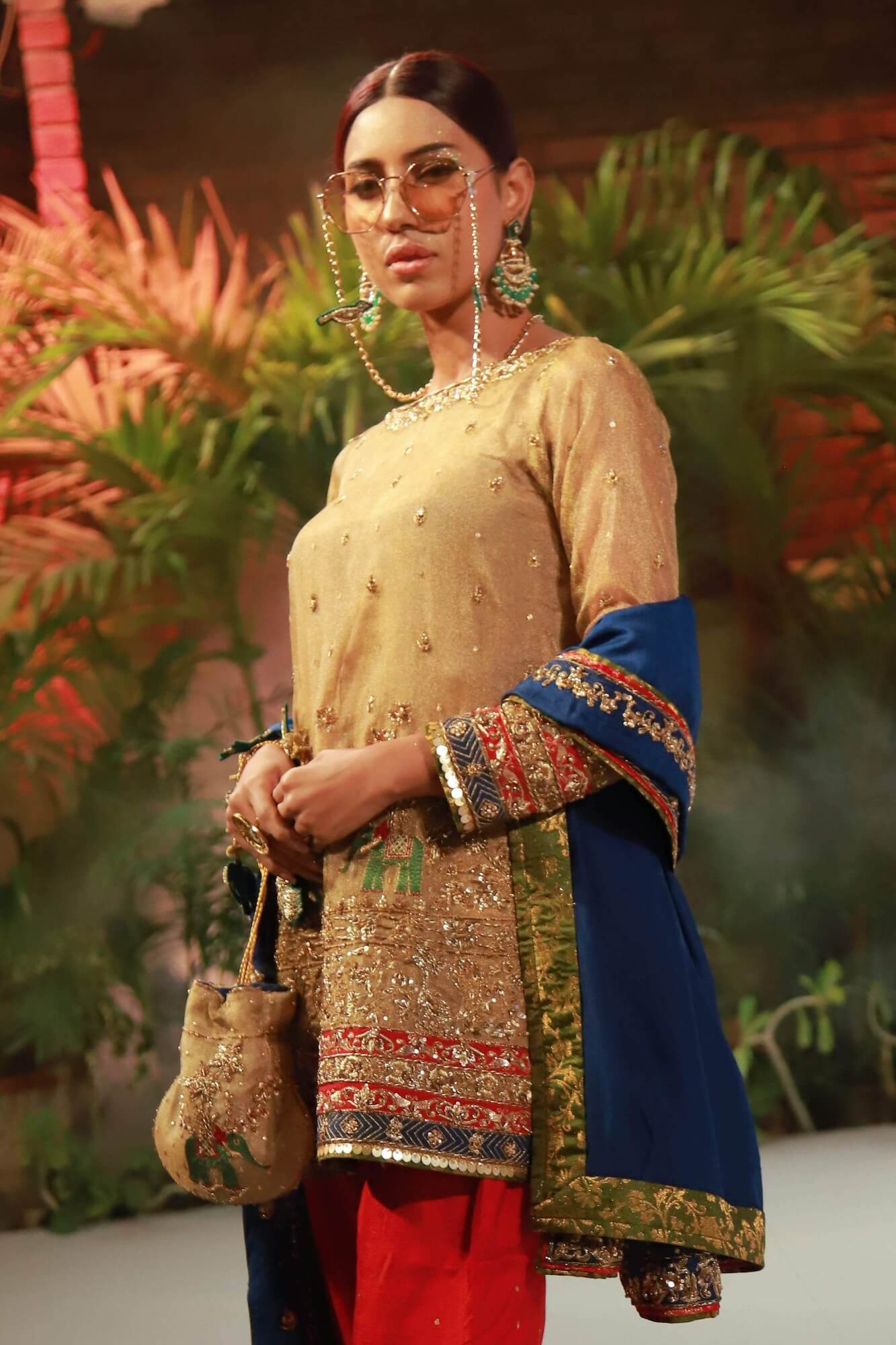 Gold Embroidered Tissue Net Salwar Kameez (3-Piece) - Image 5