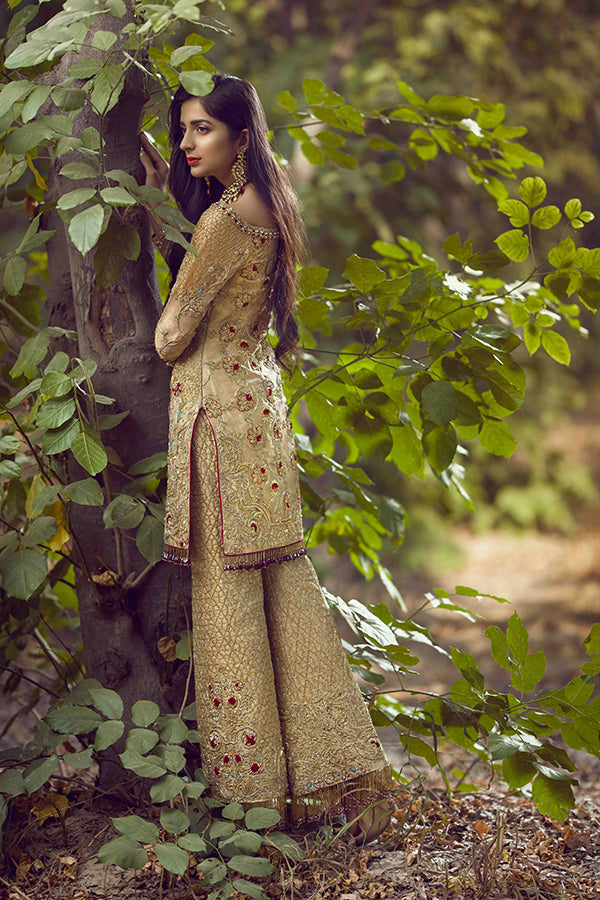 Pakistani Gold Mughal Embroidered Tissue Salwar Kameez (2-Piece) - Image 2