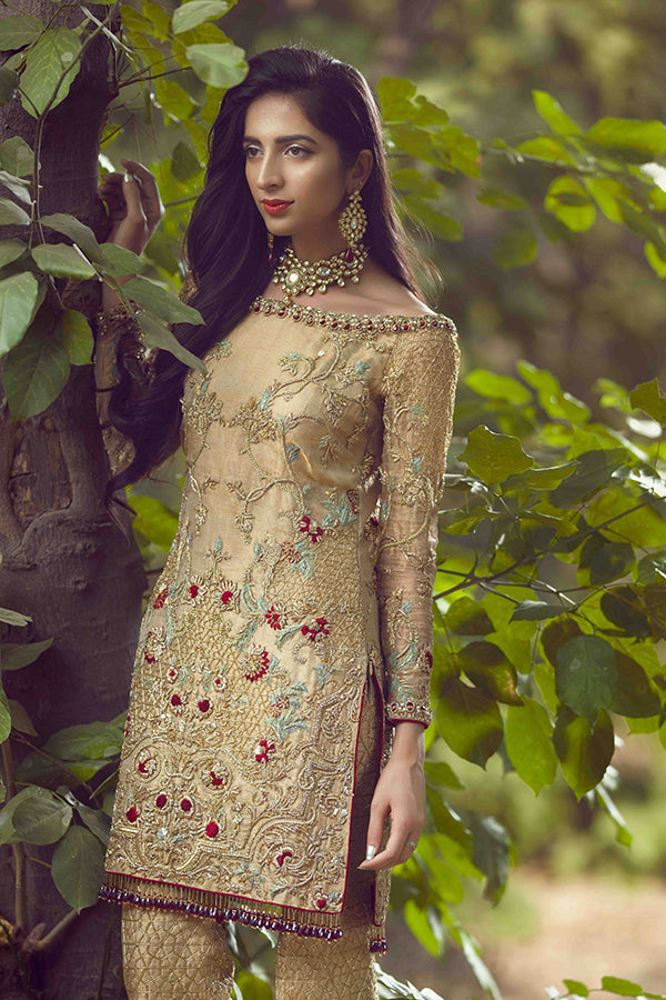 Pakistani Gold Mughal Embroidered Tissue Salwar Kameez (2-Piece) - Image 3