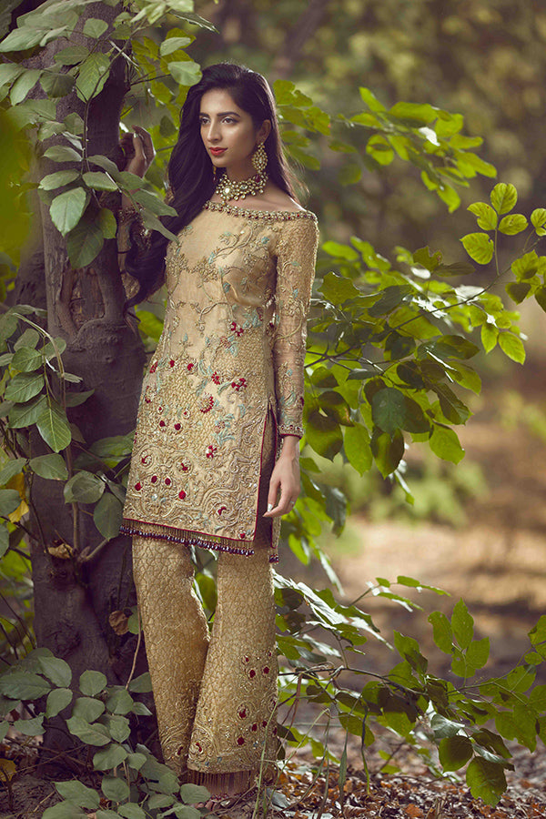 Pakistani Gold Mughal Embroidered Tissue Salwar Kameez (2-Piece) - Image 5