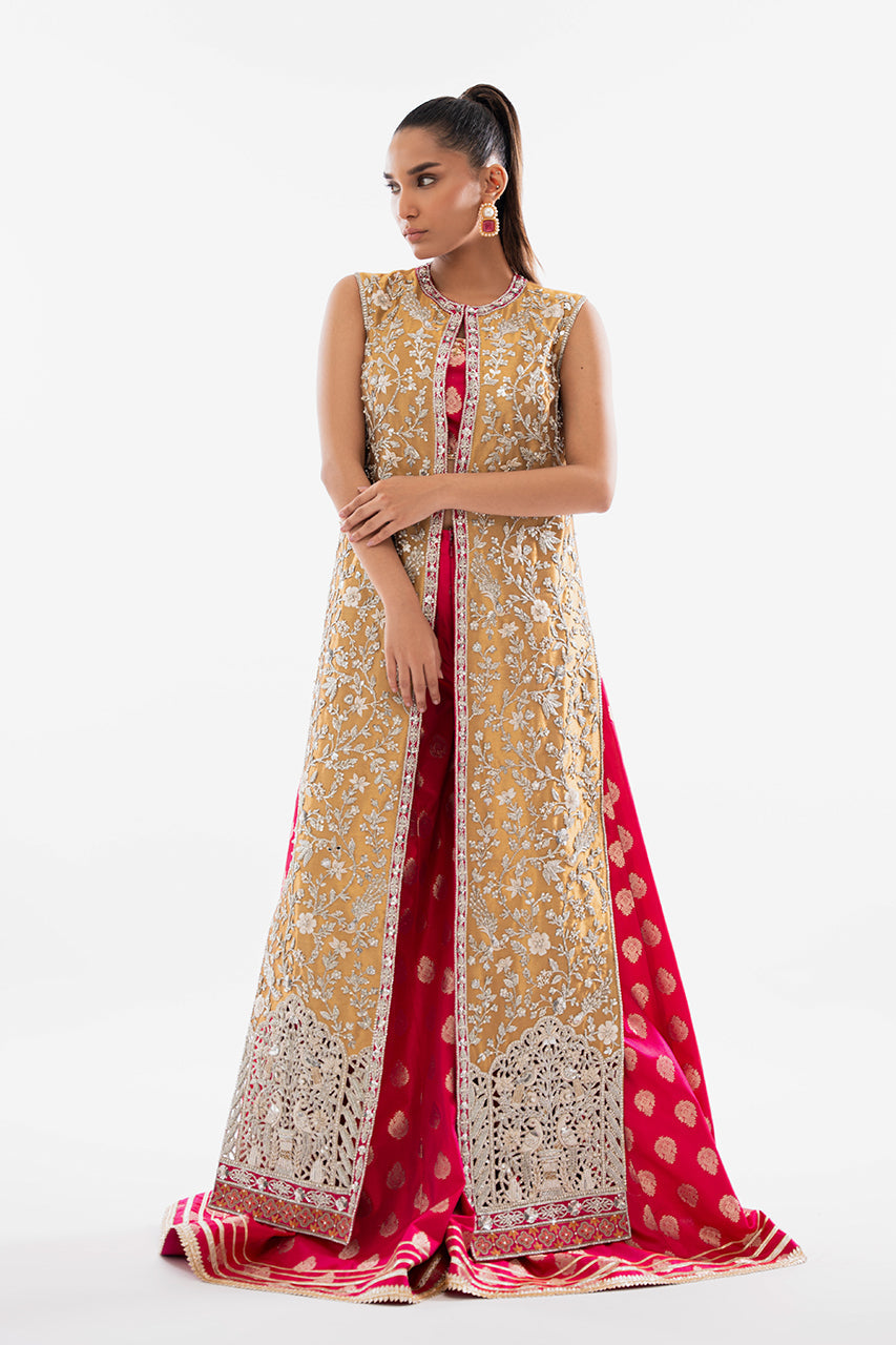 Deep Gold Embroidered Tissue Jacket with Brocade Dhaka Trousers (2-Piece) - Image 1