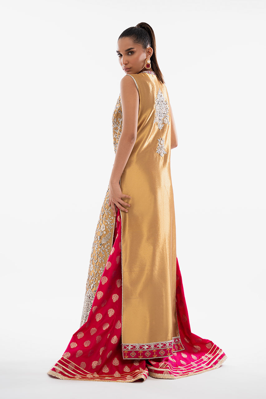 Deep Gold Embroidered Tissue Jacket with Brocade Dhaka Trousers (2-Piece) - Image 2