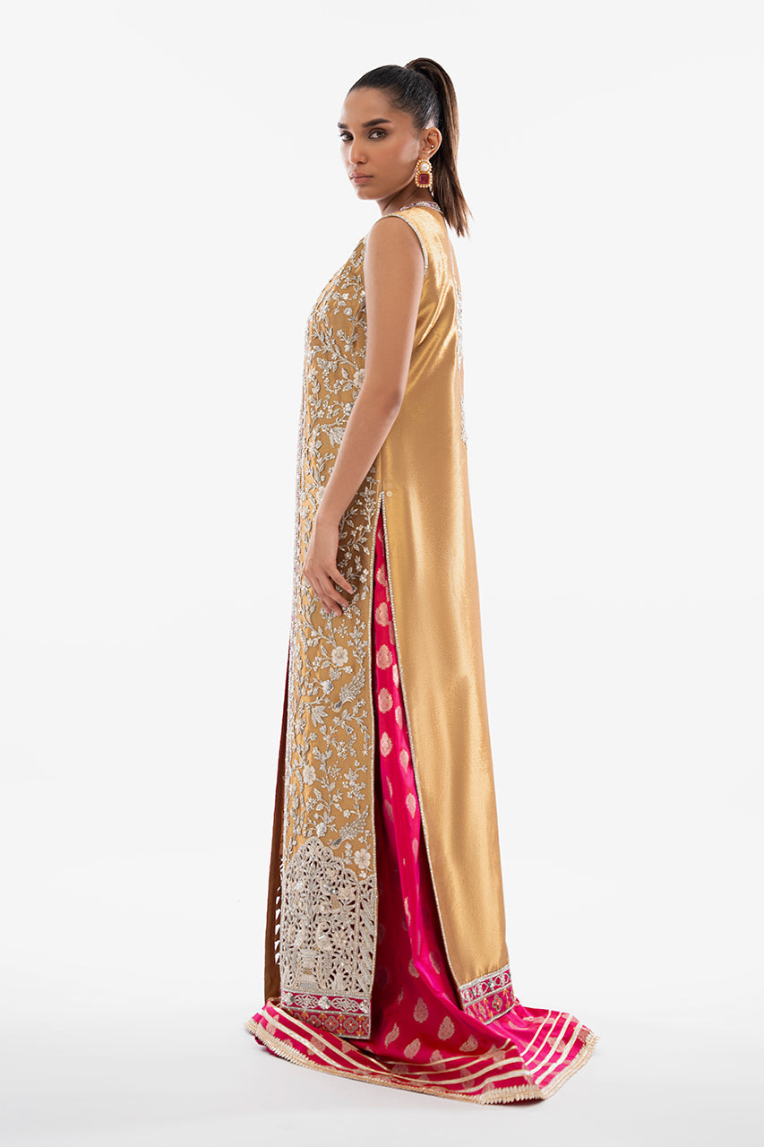 Deep Gold Embroidered Tissue Jacket with Brocade Dhaka Trousers (2-Piece) - Image 3