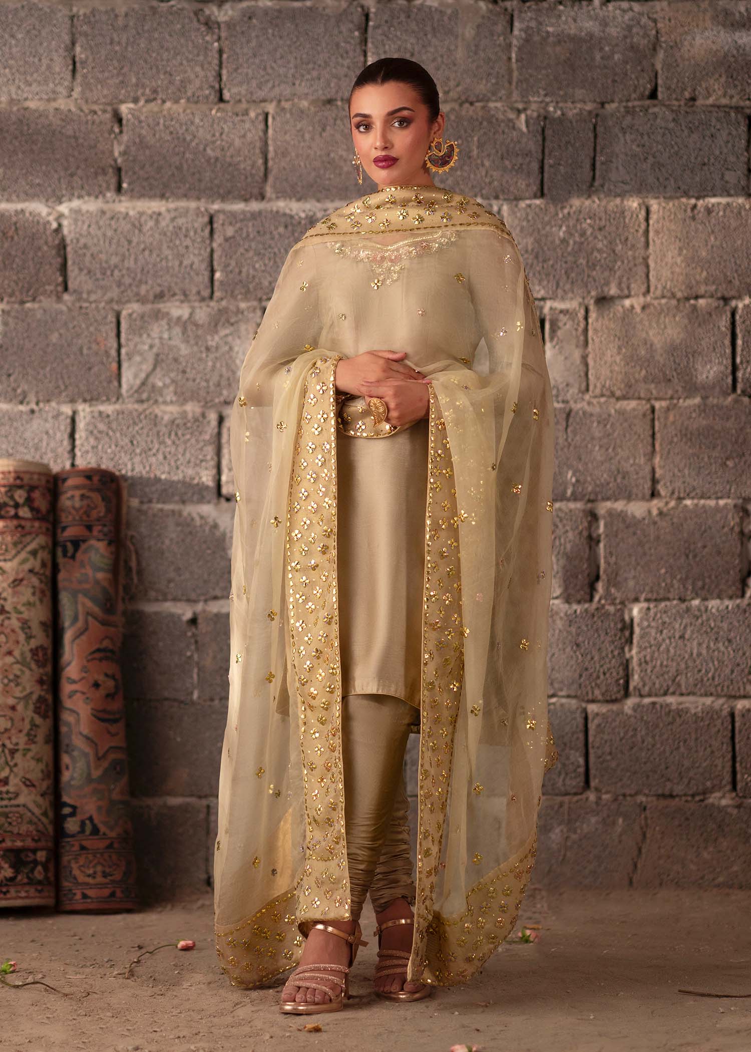 Pakistani Champagne Embroidered Tissue Silk Kurta Set (3-Piece) - Image 1