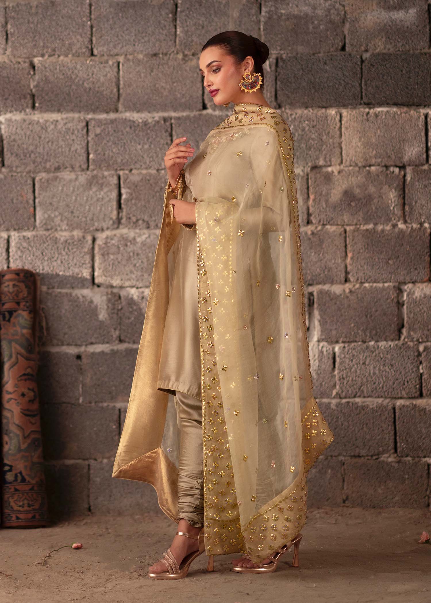 Pakistani Champagne Embroidered Tissue Silk Kurta Set (3-Piece) - Image 2