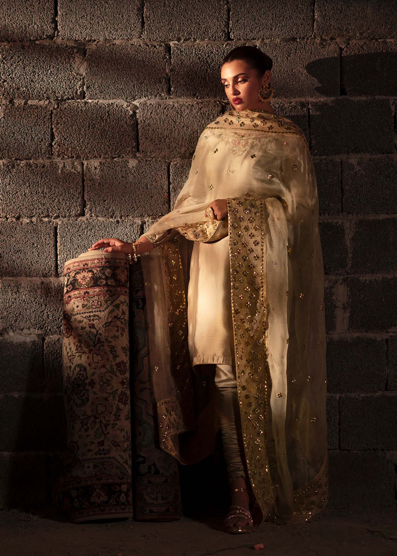 Pakistani Champagne Embroidered Tissue Silk Kurta Set (3-Piece) - Image 6