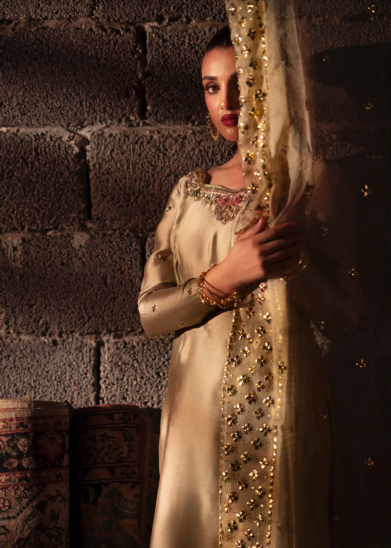 Pakistani Champagne Embroidered Tissue Silk Kurta Set (3-Piece) - Image 7