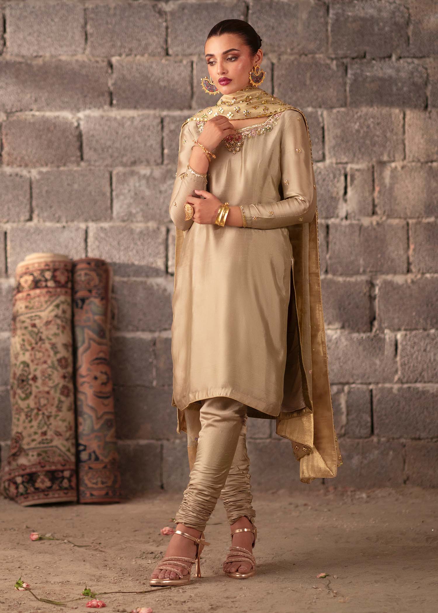 Pakistani Champagne Embroidered Tissue Silk Kurta Set (3-Piece) - Image 9