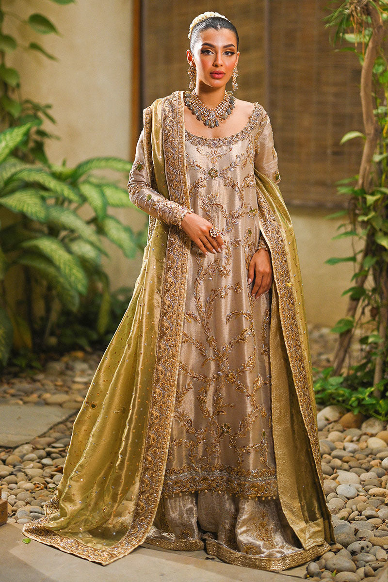 Pakistani Gold Zari Net Tissue-Silk Bridal Shirt (3-Piece) - Image 1