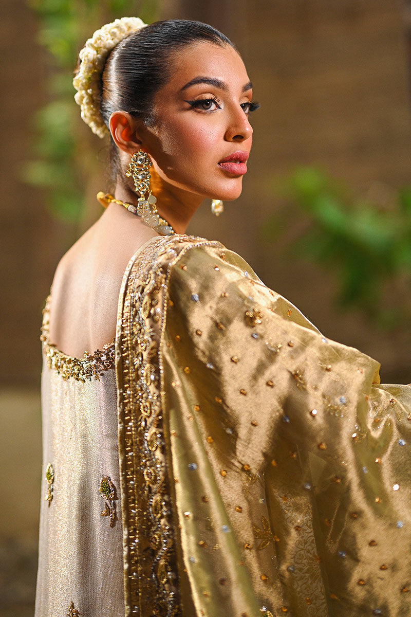 Pakistani Gold Zari Net Tissue-Silk Bridal Shirt (3-Piece) - Image 4