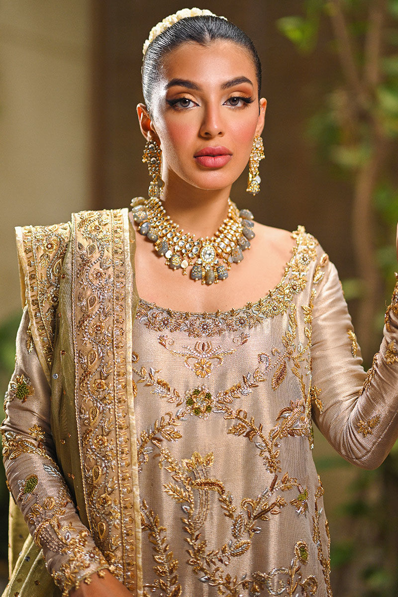 Pakistani Gold Zari Net Tissue-Silk Bridal Shirt (3-Piece) - Image 7