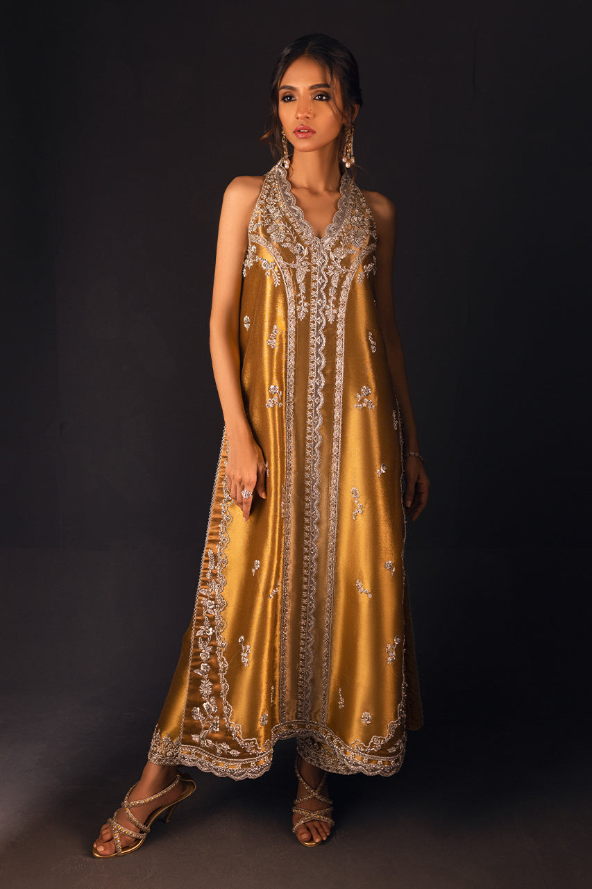 Gold Zardozi Kamdani Tissue Silk Kurta Set (3-Piece) - Image 3