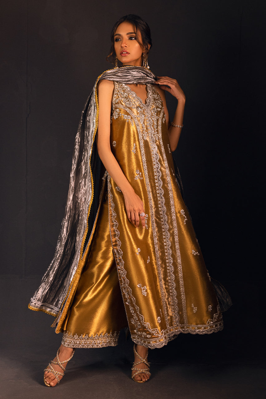 Gold Zardozi Kamdani Tissue Silk Kurta Set (3-Piece) - Image 4