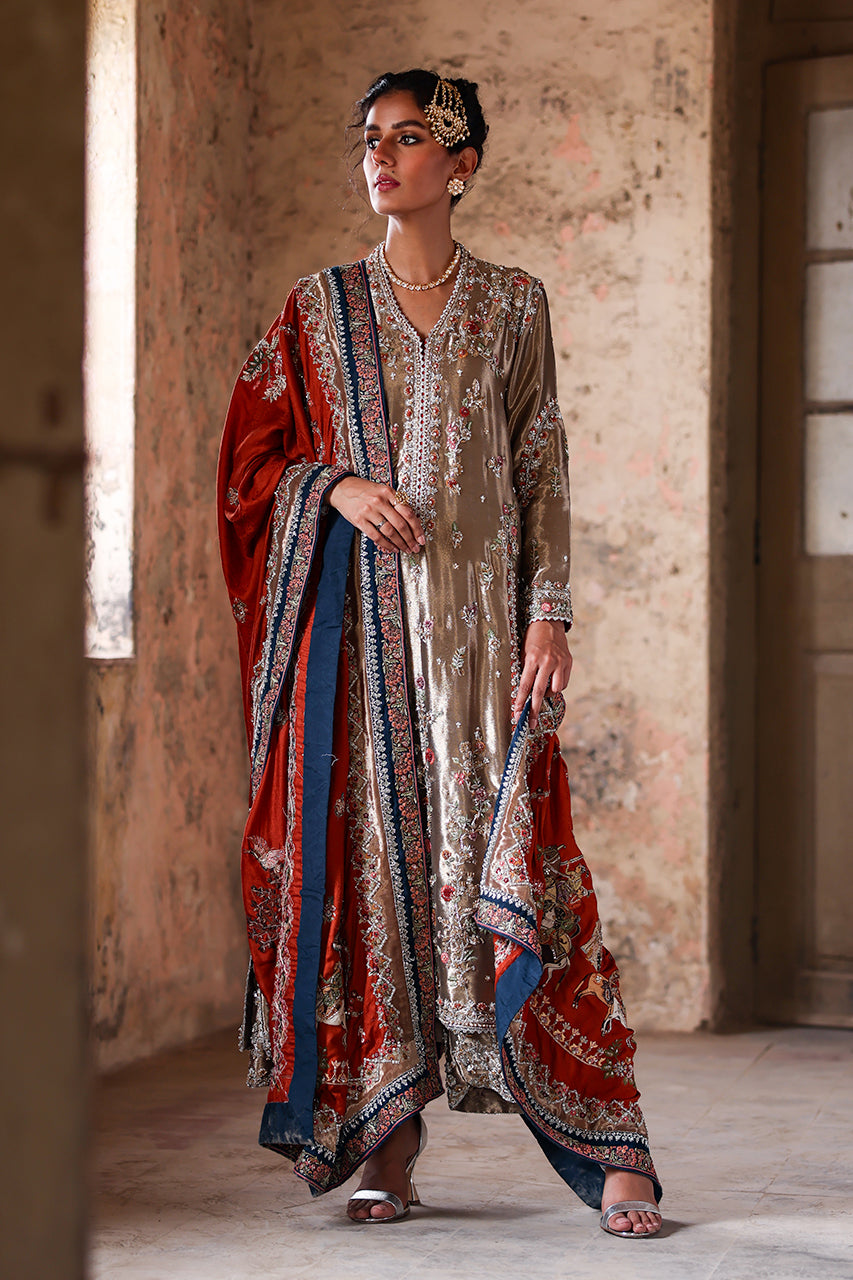 Gold Zardozi Embroidered Tissue Silk Salwar Kameez (3-Piece) - Image 1