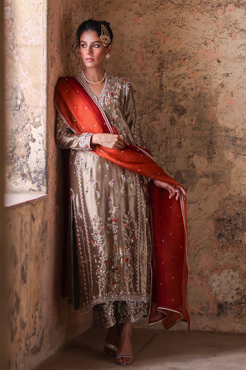 Gold Zardozi Embroidered Tissue Silk Salwar Kameez (3-Piece) - Image 10