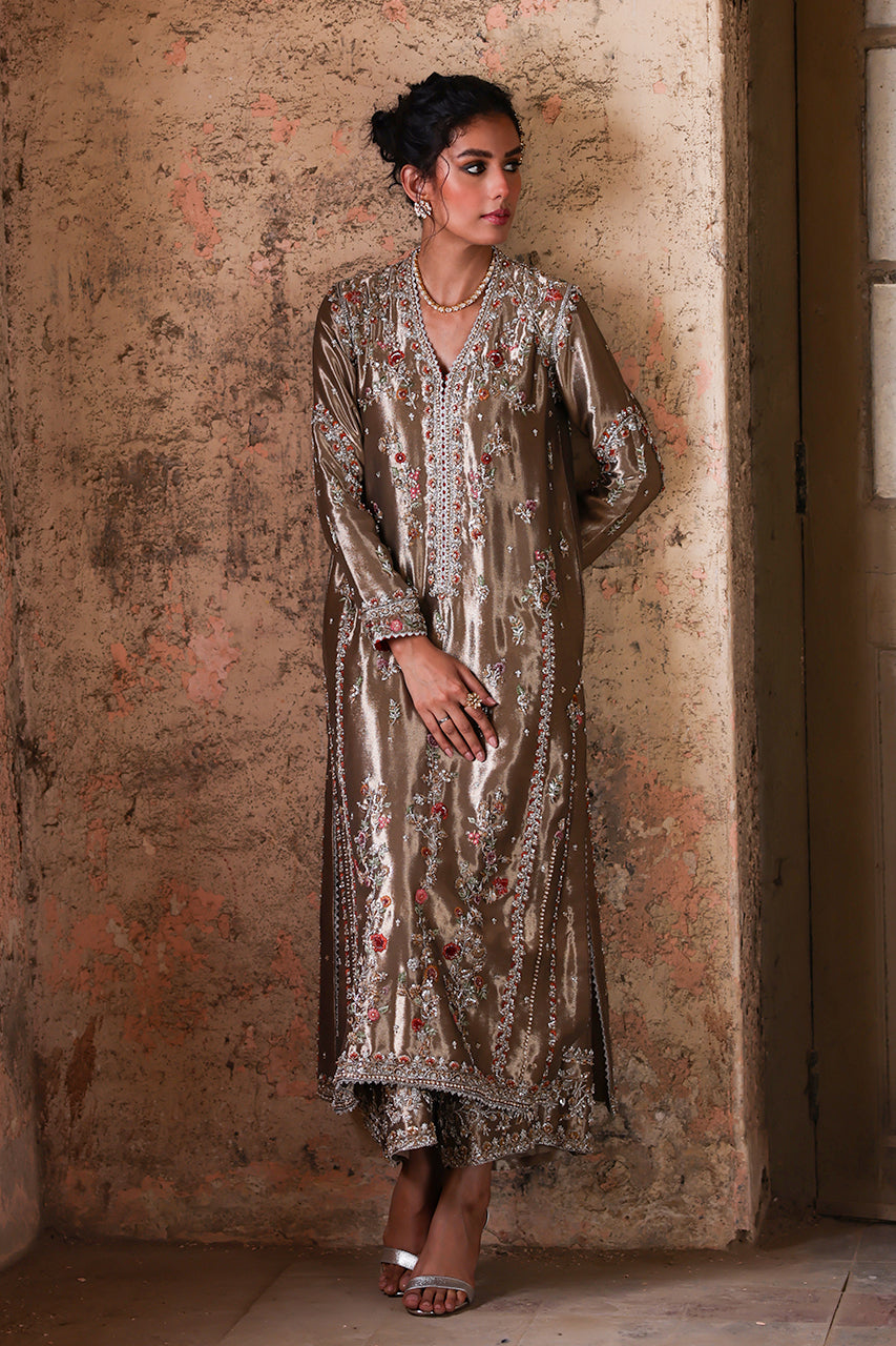 Gold Zardozi Embroidered Tissue Silk Salwar Kameez (3-Piece) - Image 11
