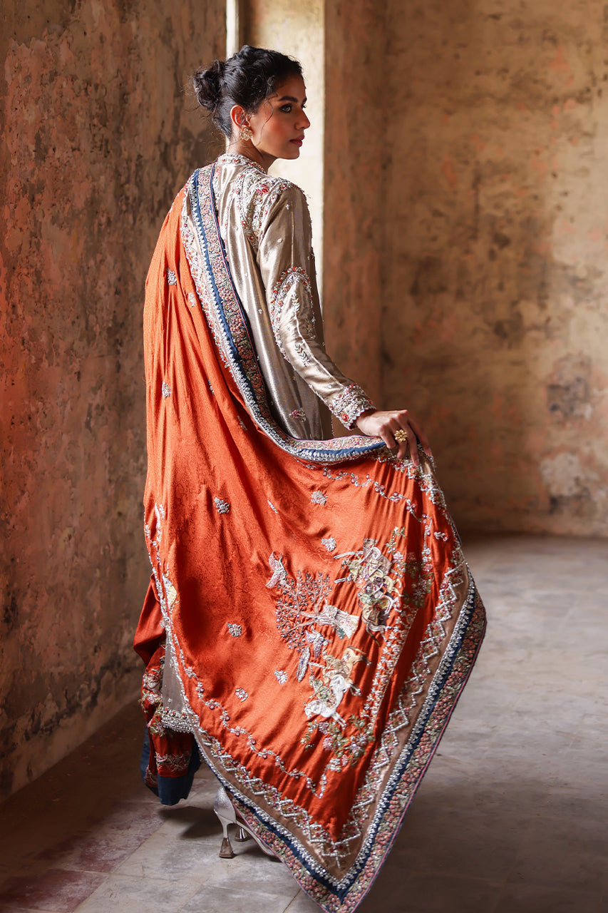 Gold Zardozi Embroidered Tissue Silk Salwar Kameez (3-Piece) - Image 14