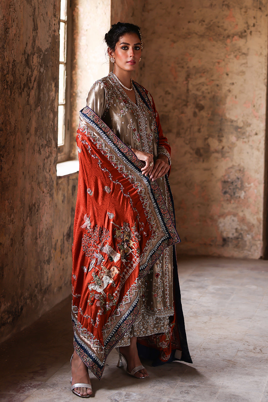 Gold Zardozi Embroidered Tissue Silk Salwar Kameez (3-Piece) - Image 15