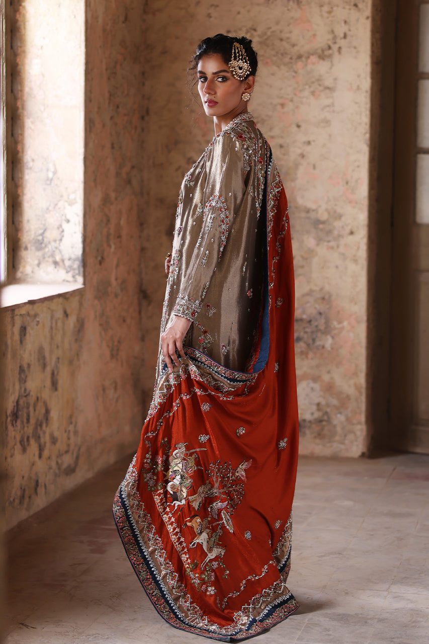 Gold Zardozi Embroidered Tissue Silk Salwar Kameez (3-Piece) - Image 2