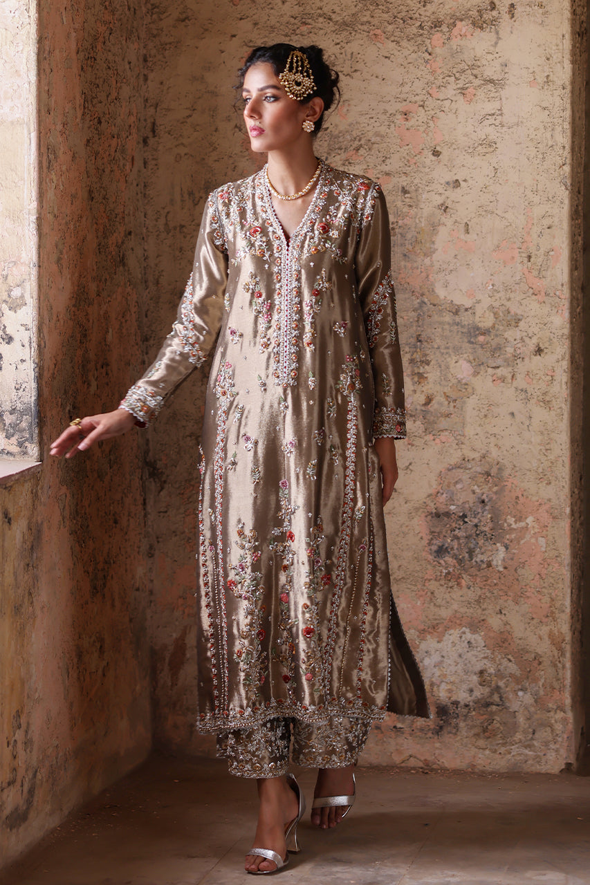 Gold Zardozi Embroidered Tissue Silk Salwar Kameez (3-Piece) - Image 3