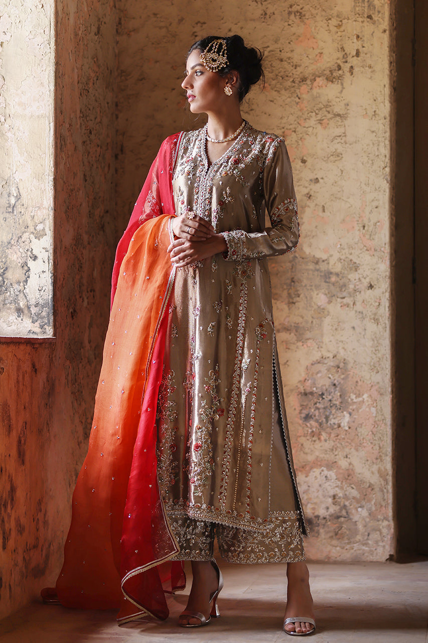 Gold Zardozi Embroidered Tissue Silk Salwar Kameez (3-Piece) - Image 4