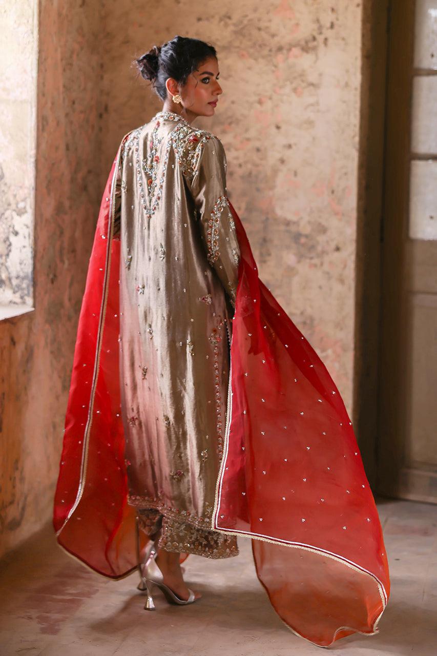 Gold Zardozi Embroidered Tissue Silk Salwar Kameez (3-Piece) - Image 6