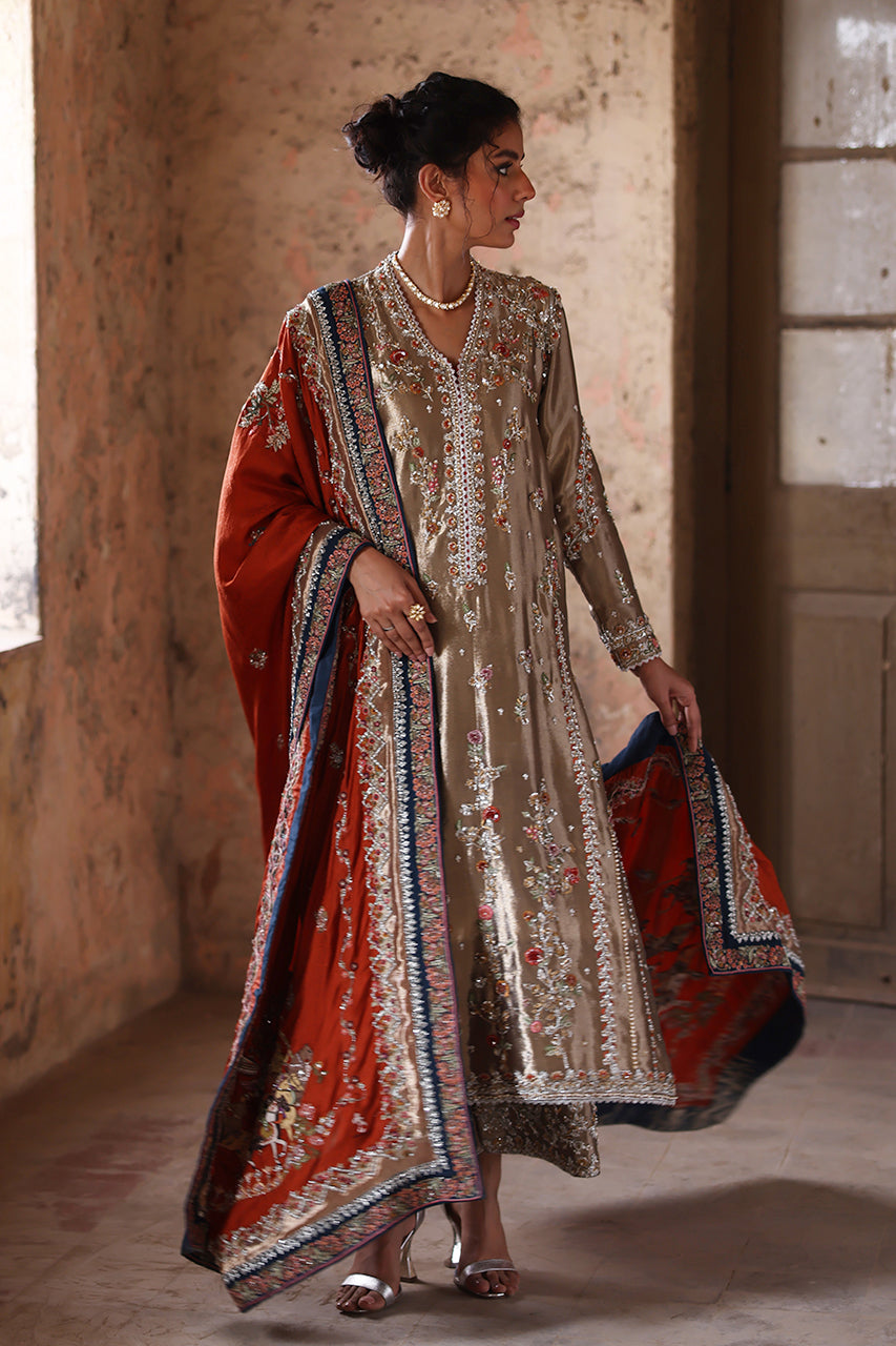 Gold Zardozi Embroidered Tissue Silk Salwar Kameez (3-Piece) - Image 7