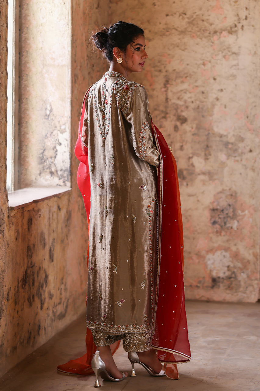 Gold Zardozi Embroidered Tissue Silk Salwar Kameez (3-Piece) - Image 9